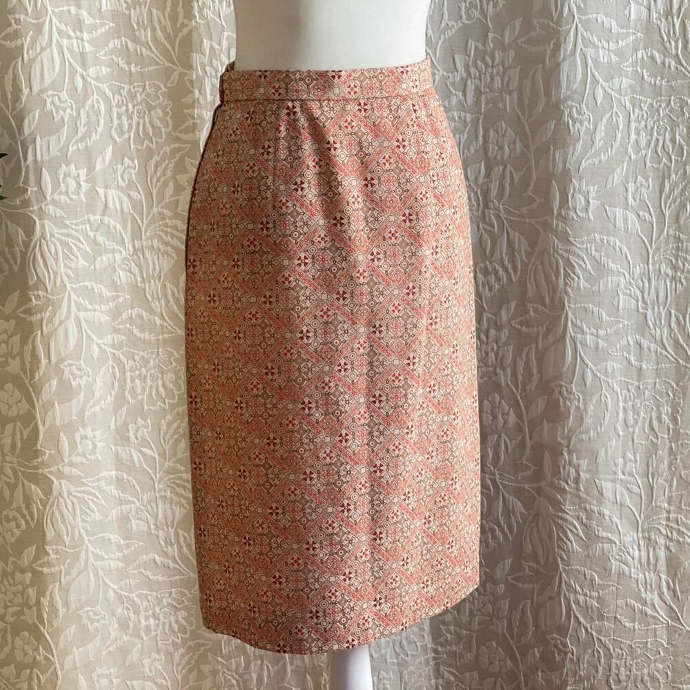 Vintage 70s‎ Handmade Pink Geometric Print Pencil Skirt Retro Size S (26" waist)